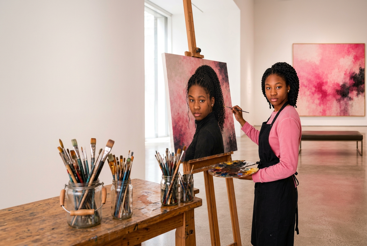 Olamide painting a self-portrait at an easel in a bright modern art studio